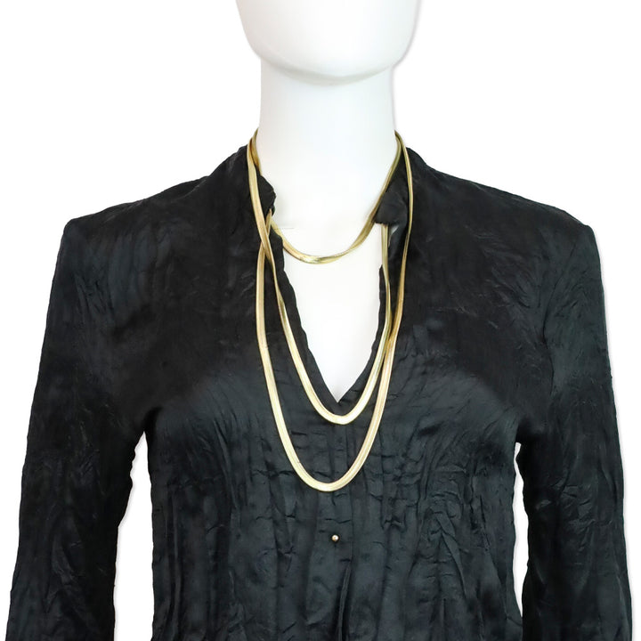 Roberto Cavalli Black Chevron Crinkle Silk Blouse with Snake Chain Wrap Necklace