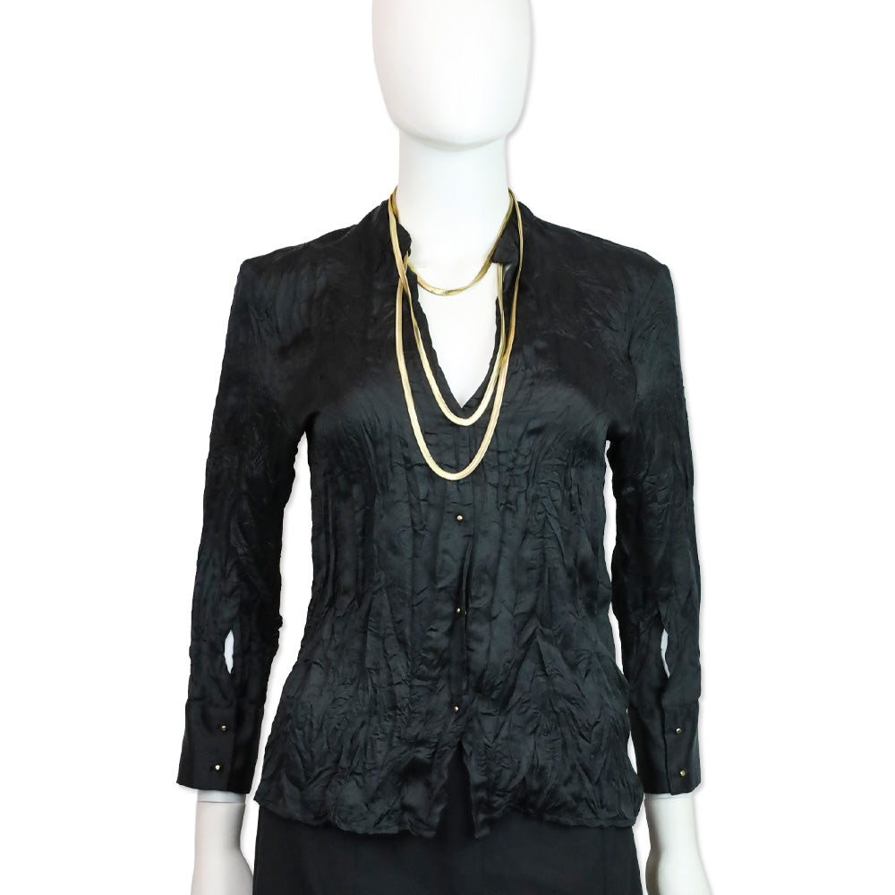 Roberto Cavalli Black Chevron Crinkle Silk Blouse with Snake Chain Wrap Necklace