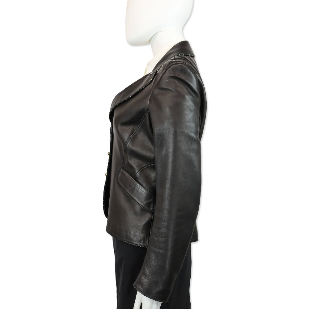 Roberto Cavalli Black Leather Gold Bead Trim Blazer