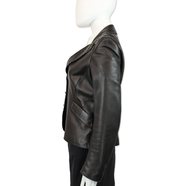 Roberto Cavalli Black Leather Gold Bead Trim Blazer
