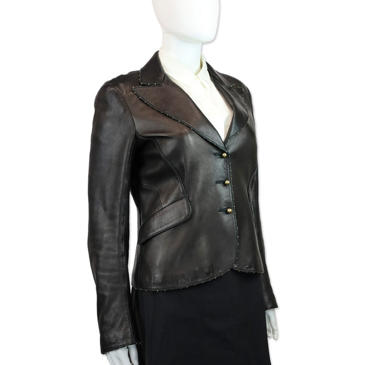Roberto Cavalli Black Leather Gold Bead Trim Blazer