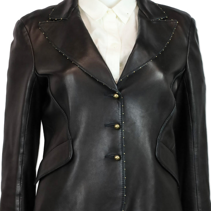 Roberto Cavalli Black Leather Gold Bead Trim Blazer