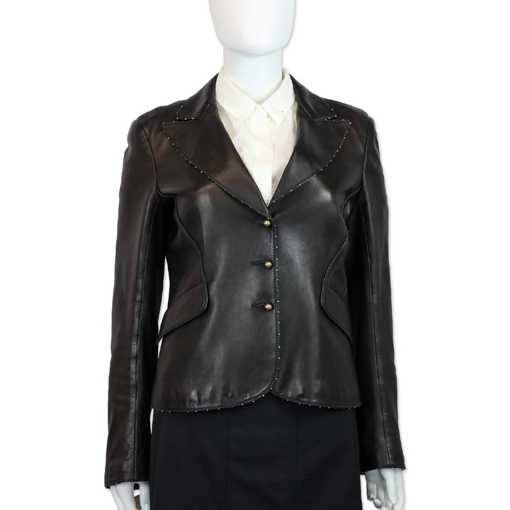 Roberto Cavalli Black Leather Gold Bead Trim Blazer