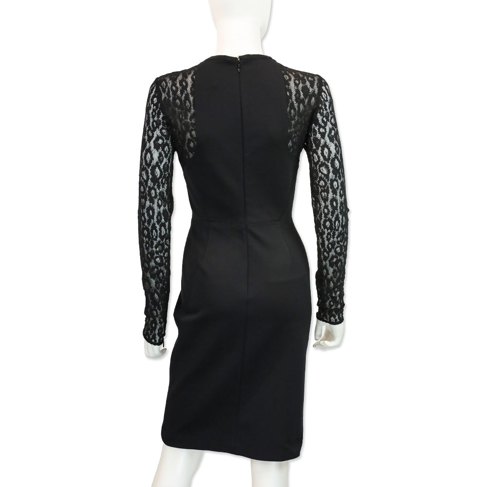 Roberto Cavalli Black Leopard-Print Lace Long Sleeve Midi Dress