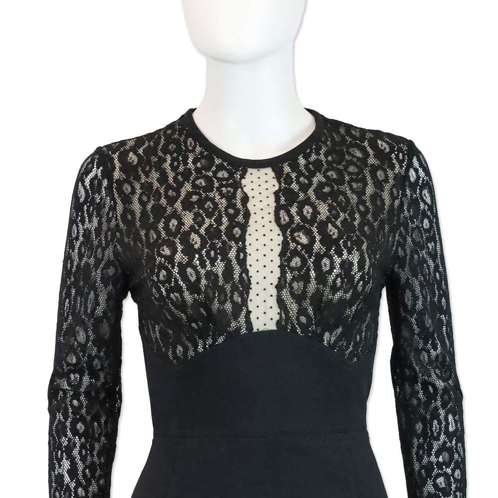 Roberto Cavalli Black Leopard-Print Lace Long Sleeve Midi Dress