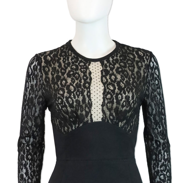 Roberto Cavalli Black Leopard-Print Lace Long Sleeve Midi Dress