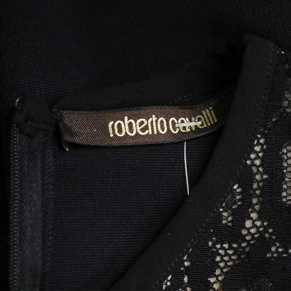 Roberto Cavalli Black Leopard-Print Lace Long Sleeve Midi Dress