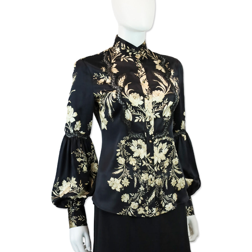 Roberto Cavalli Black/Ivory Floral Leaf Silk Blouse