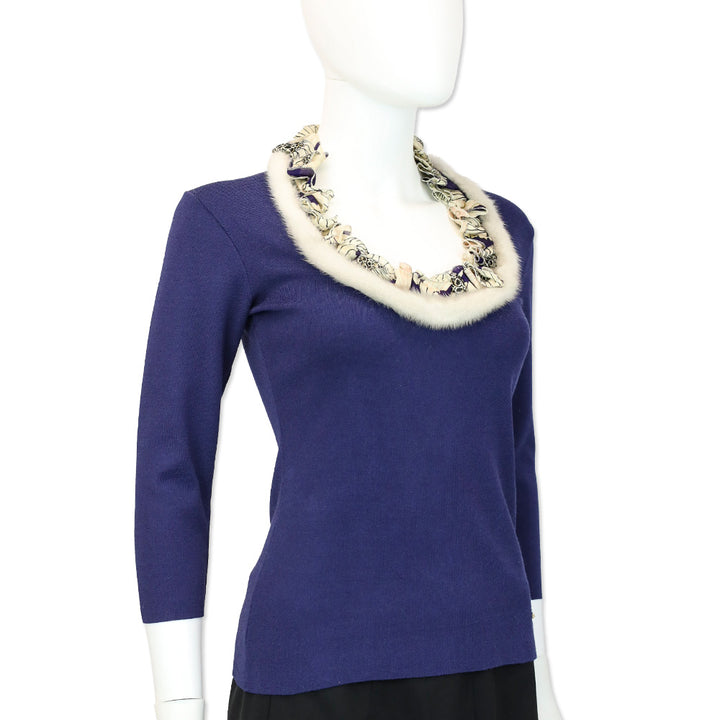Roberto Cavalli Blue Knit 3/4 Sleeve Top with Mink Fur Ruffle Scoop Neckline