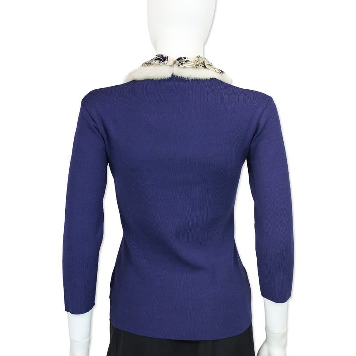 Roberto Cavalli Blue Knit 3/4 Sleeve Top with Mink Fur Ruffle Scoop Neckline
