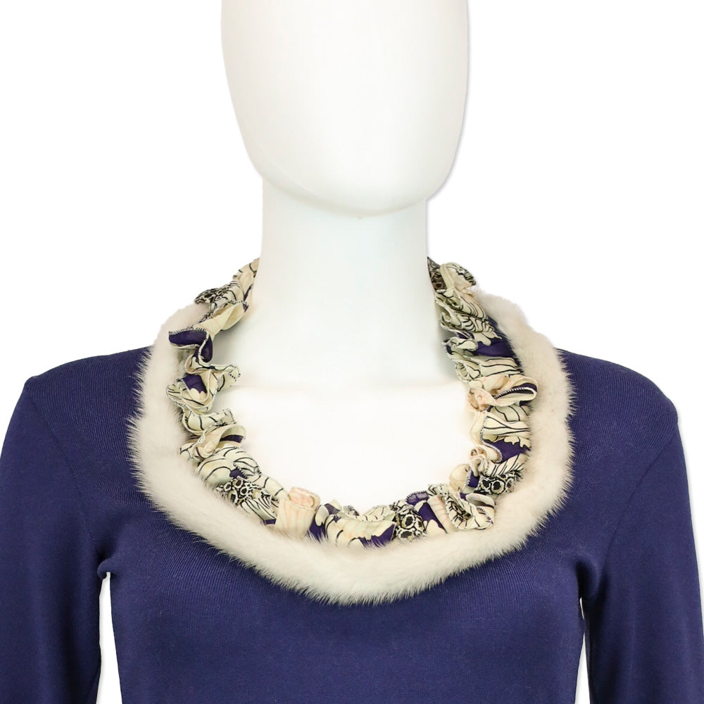 Roberto Cavalli Blue Knit 3/4 Sleeve Top with Mink Fur Ruffle Scoop Neckline