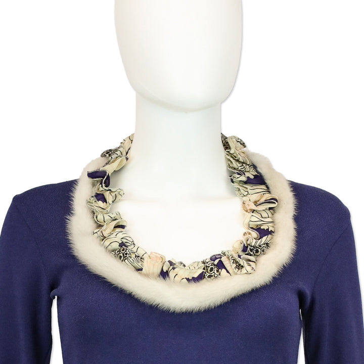 Roberto Cavalli Blue Knit 3/4 Sleeve Top with Mink Fur Ruffle Scoop Neckline