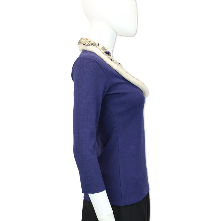 Roberto Cavalli Blue Knit 3/4 Sleeve Top with Mink Fur Ruffle Scoop Neckline