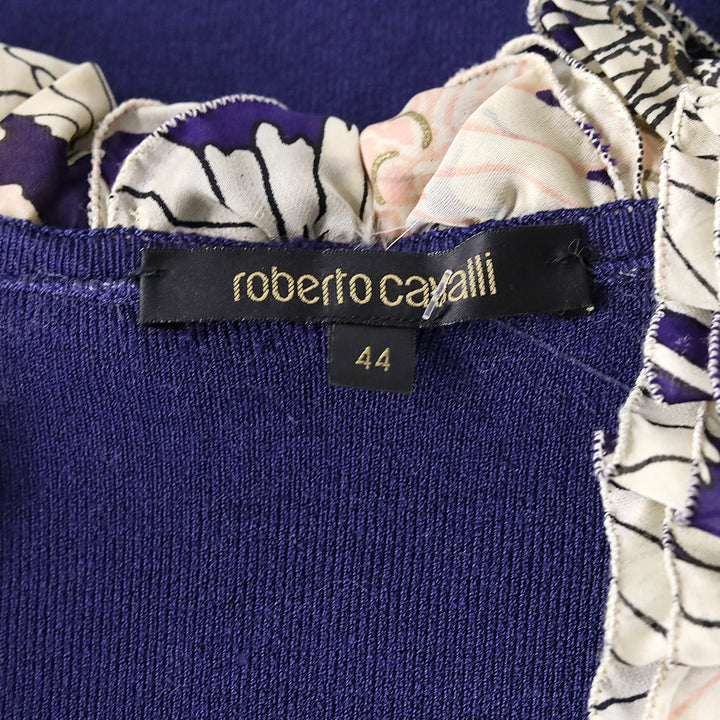 Roberto Cavalli Blue Knit 3/4 Sleeve Top with Mink Fur Ruffle Scoop Neckline