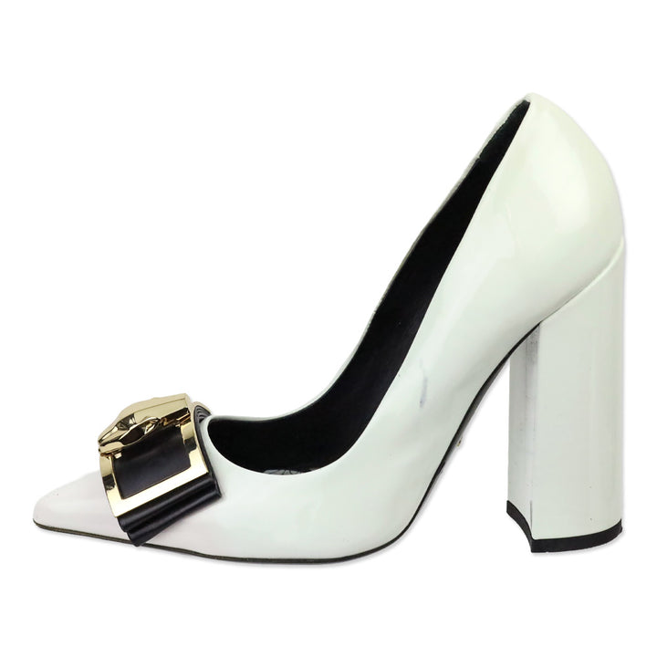 Roberto Cavalli Class White Patent Leather Gold Jaguar Block Pumps