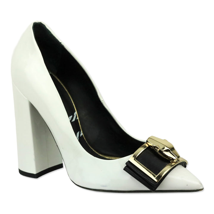 Roberto Cavalli Class White Patent Leather Gold Jaguar Block Pumps