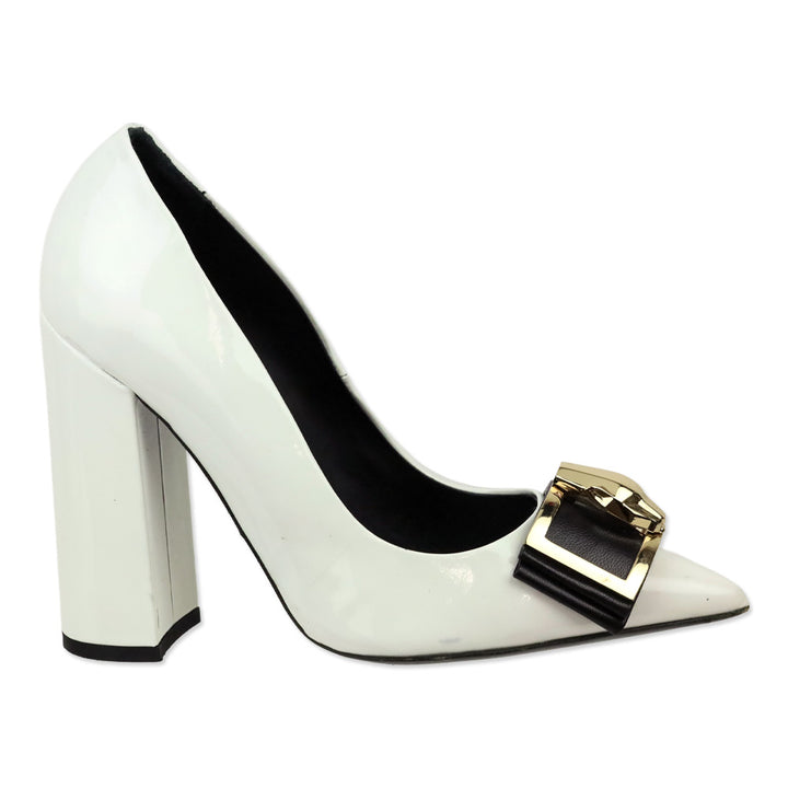 Roberto Cavalli Class White Patent Leather Gold Jaguar Block Pumps