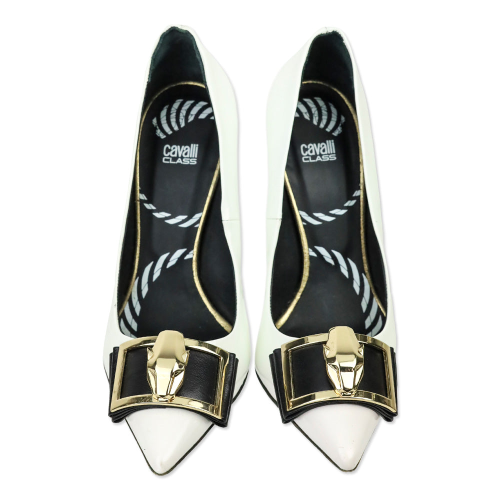 Roberto Cavalli Class White Patent Leather Gold Jaguar Block Pumps