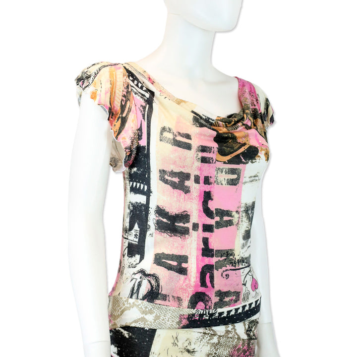 Roberto Cavalli Freedom Pink Multi Print Cowl Neck Sleeveless Top