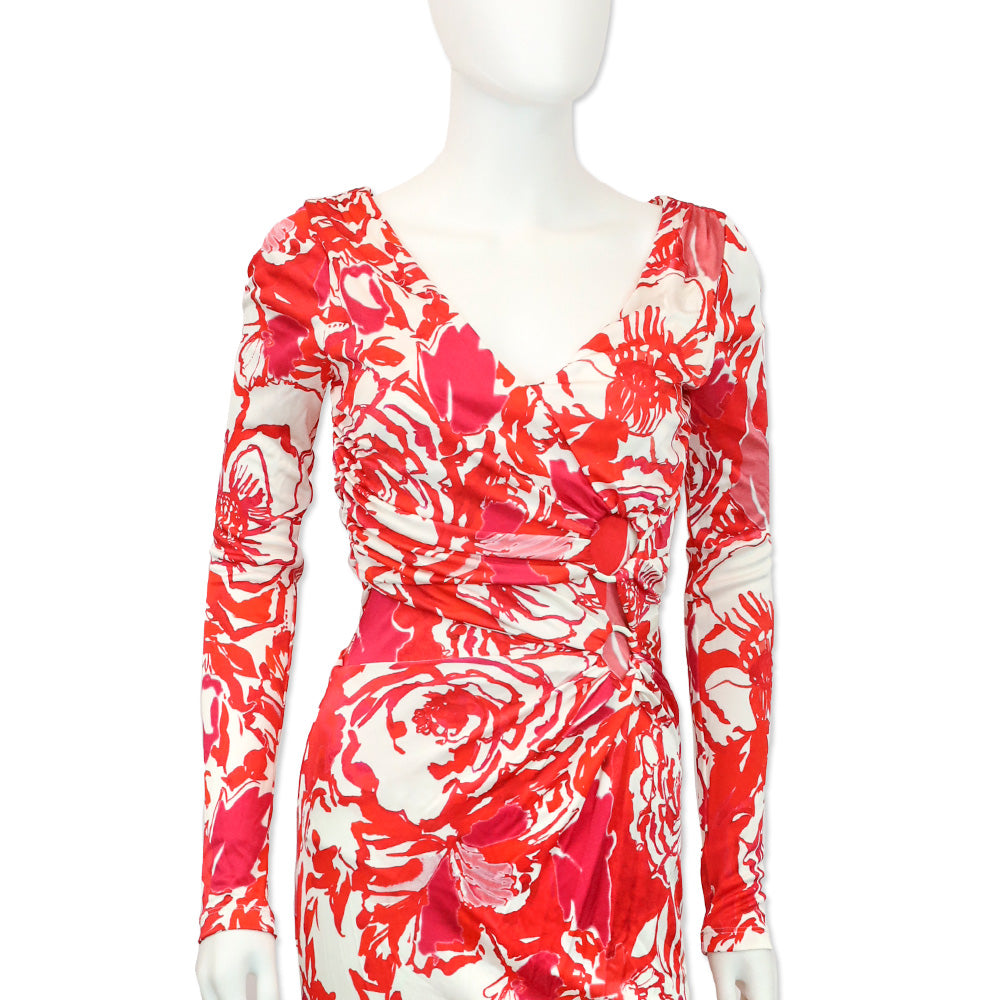 Roberto Cavalli Hydrangea/White Print Long Sleeve Maxi Dress