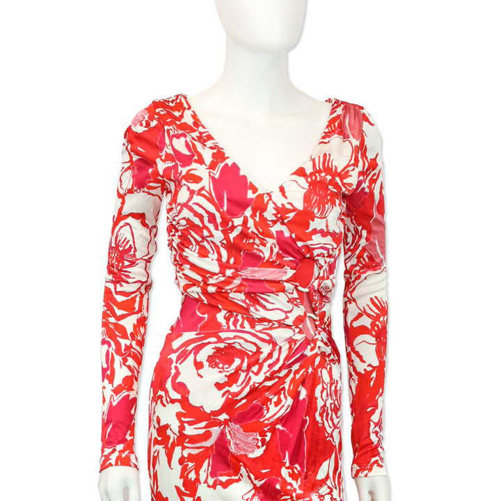 Roberto Cavalli Hydrangea/White Print Long Sleeve Maxi Dress