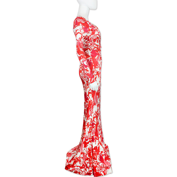 Roberto Cavalli Hydrangea/White Print Long Sleeve Maxi Dress