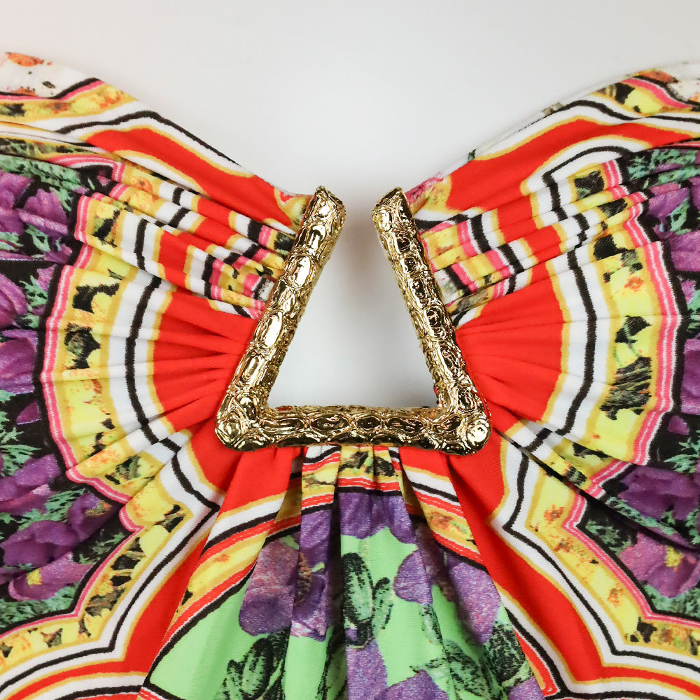 Roberto Cavalli Multicolor Floral Print Gold Metal Tankini Top