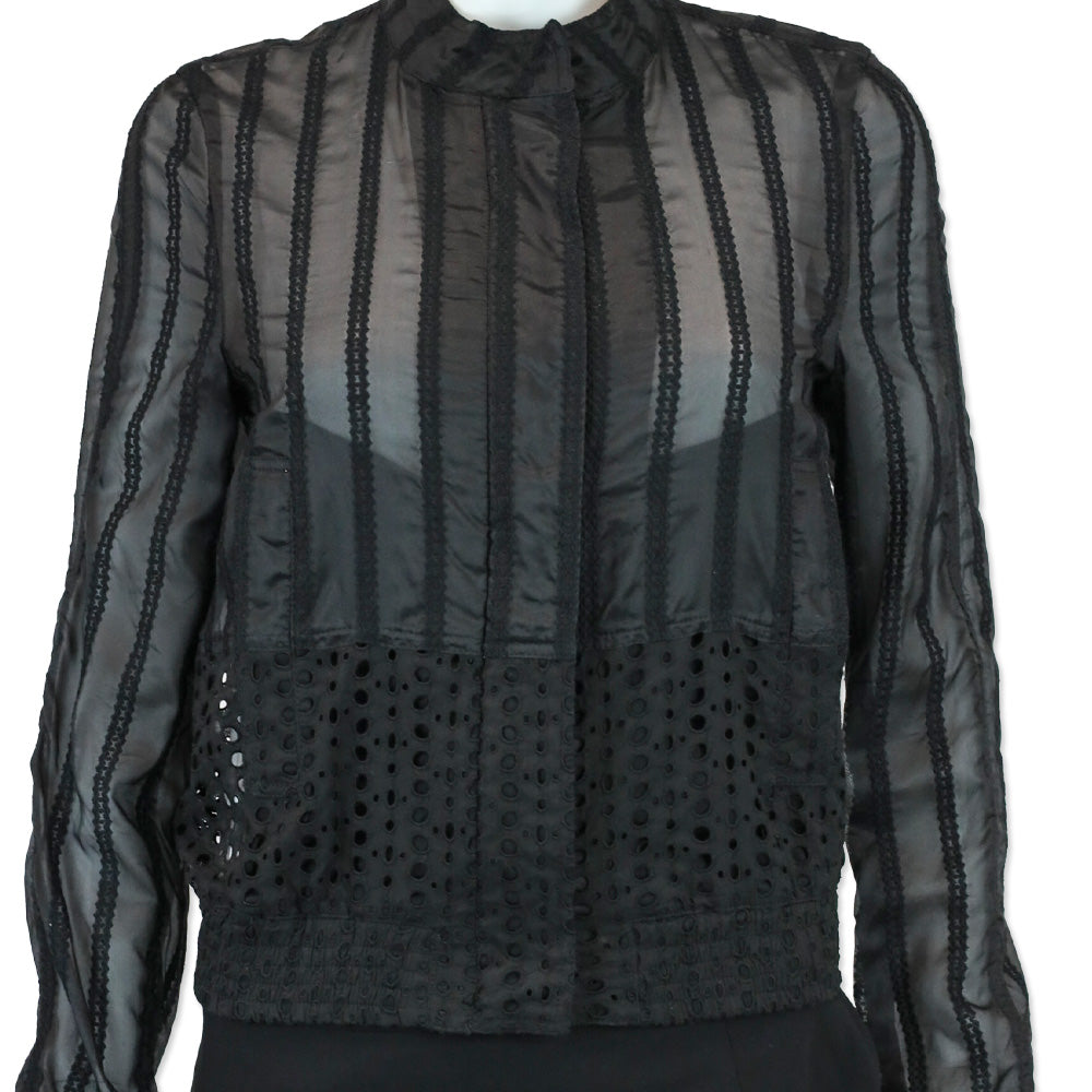 Roberto Cavalli Black Sheer Silk Eyelet Trim Zip-Up Jacket