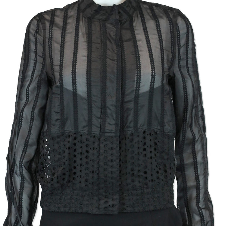 Roberto Cavalli Black Sheer Silk Eyelet Trim Zip-Up Jacket