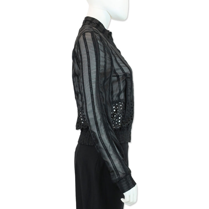Roberto Cavalli Black Sheer Silk Eyelet Trim Zip-Up Jacket