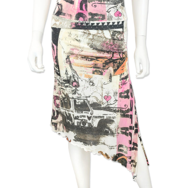 Roberto Cavalli Freedom Pink Multi Print High-Low Midi Skirt