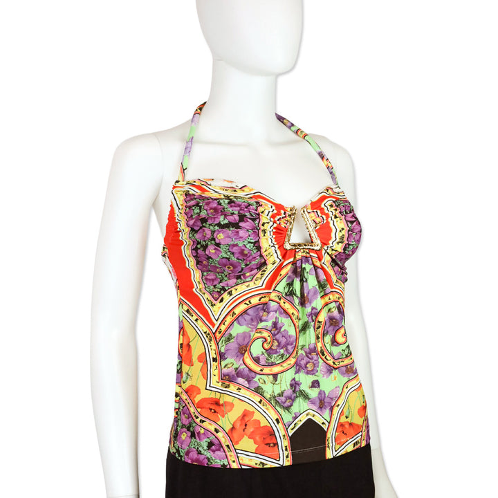 Roberto Cavalli Multicolor Floral Print Gold Metal Tankini Top