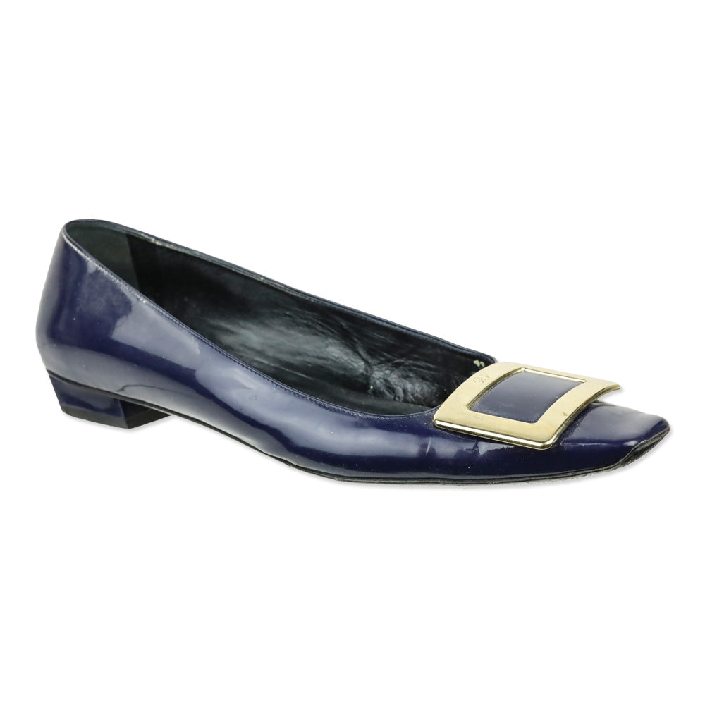Roger Viver Navy Blue Patent Leather Gommettine Flats