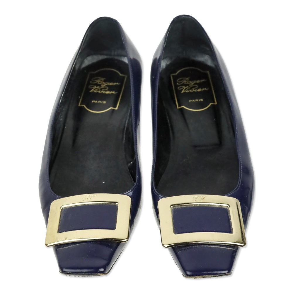 Roger Viver Navy Blue Patent Leather Gommettine Flats