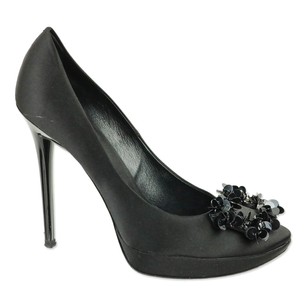 Roger Vivier Black Satin Limelight Buckle Paillettes 120 Evening Pumps