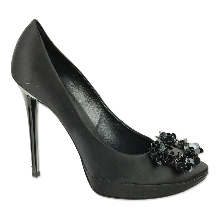 Roger Vivier Black Satin Limelight Buckle Paillettes 120 Evening Pumps