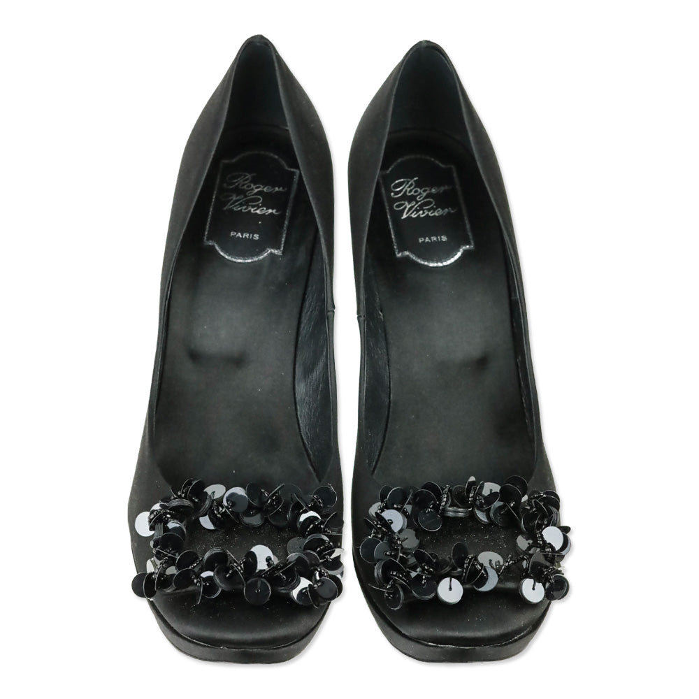 Roger Vivier Black Satin Limelight Buckle Paillettes 120 Evening Pumps