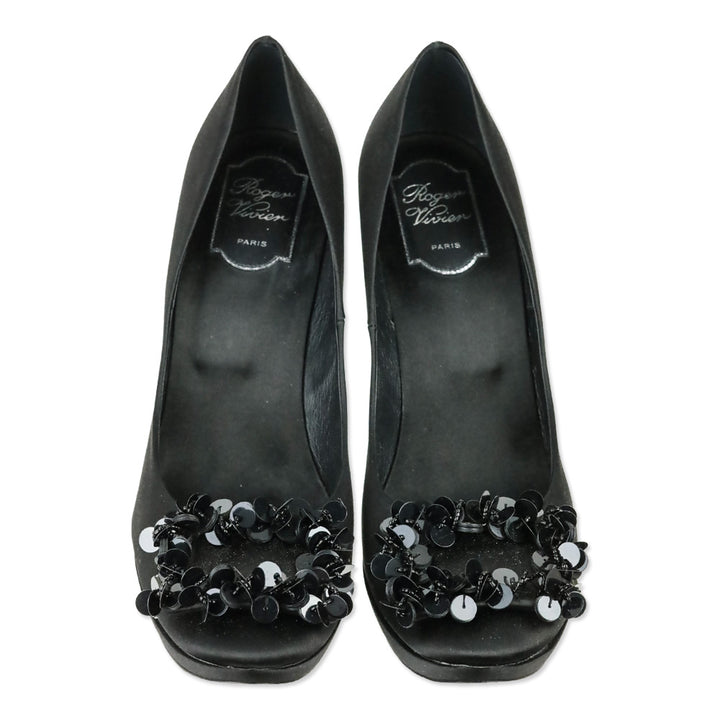 Roger Vivier Black Satin Limelight Buckle Paillettes 120 Evening Pumps