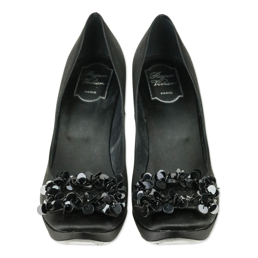 Roger Vivier Black Satin Limelight Buckle Paillettes 120 Evening Pumps