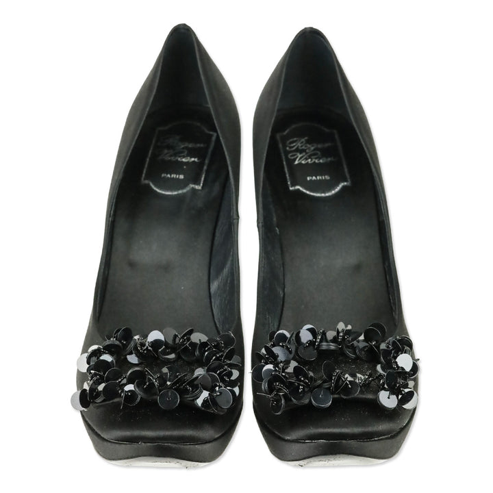 Roger Vivier Black Satin Limelight Buckle Paillettes 120 Evening Pumps
