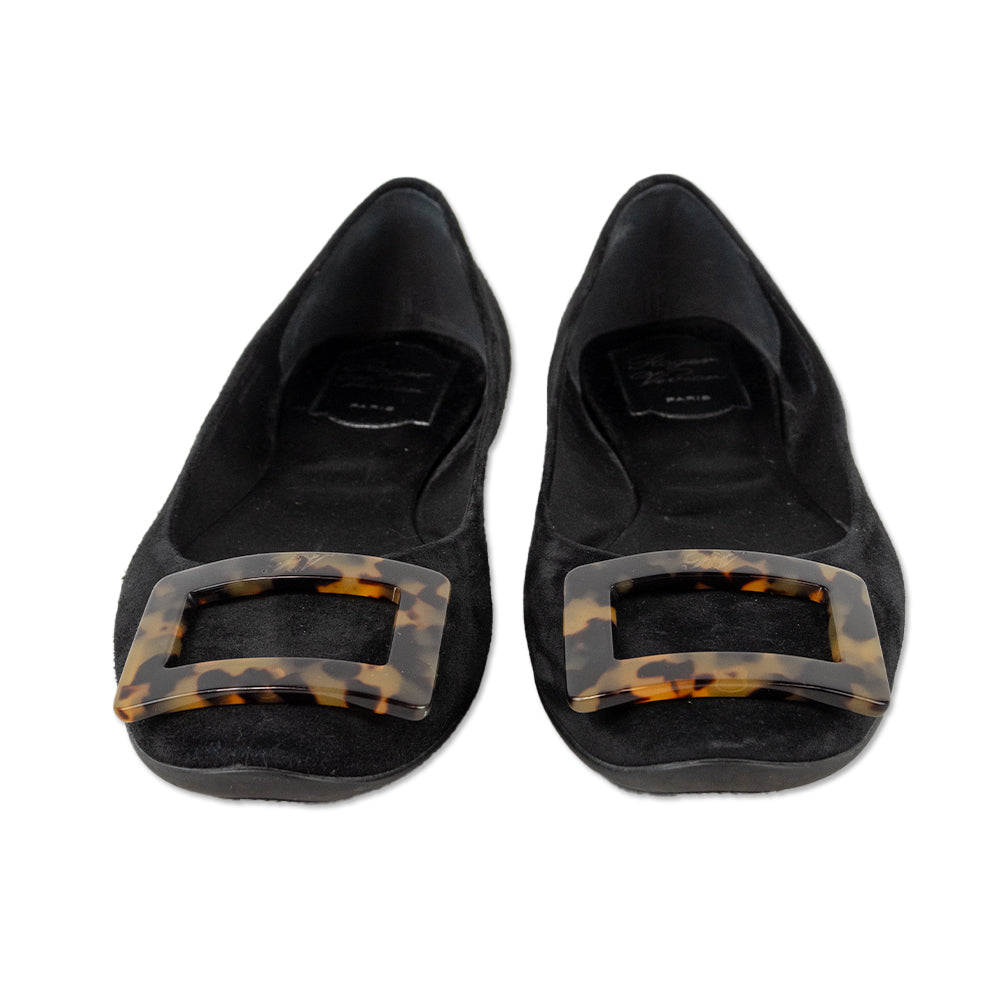 Roger Vivier Black Suede Gommettine Turtle Buckle Flats