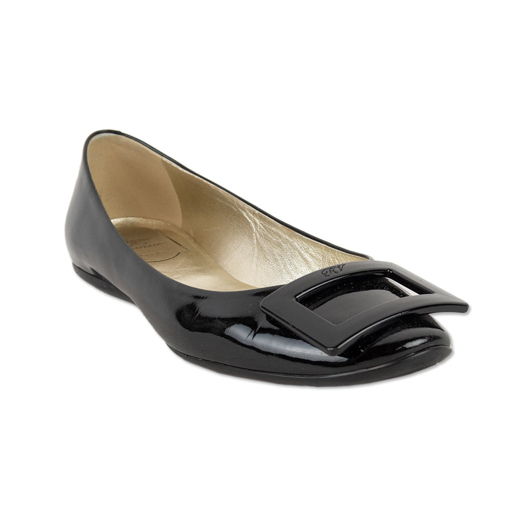 Roger Vivier Gommettine Buckle Black Patent Leather Ballet Flats