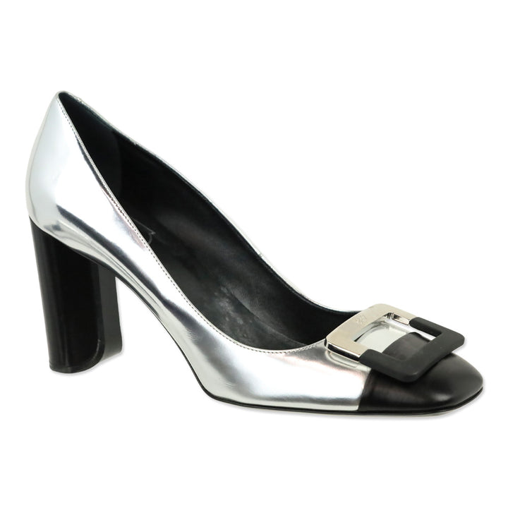 Roger Vivier Metallic Silver Leather Black Cap Toe Gommettine Pumps