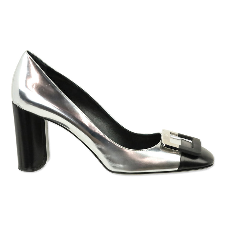 Roger Vivier Metallic Silver Leather Black Cap Toe Gommettine Pumps