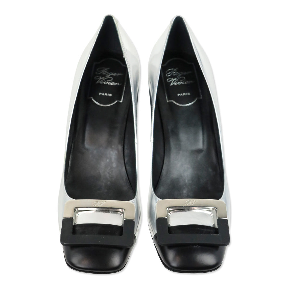 Roger Vivier Metallic Silver Leather Black Cap Toe Gommettine Pumps