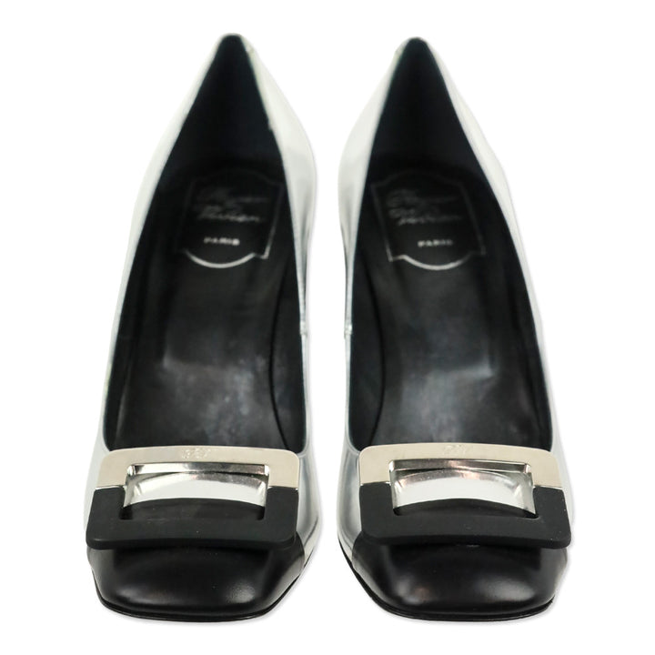 Roger Vivier Metallic Silver Leather Black Cap Toe Gommettine Pumps