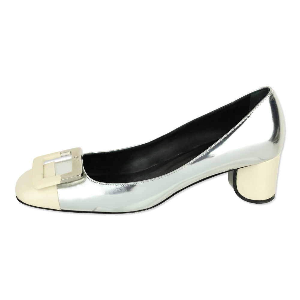 Roger Vivier Metallic Silver Leather White Cap Toe Gommettine Pumps