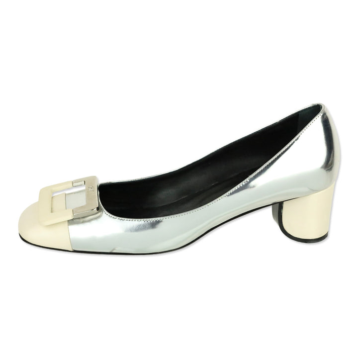Roger Vivier Metallic Silver Leather White Cap Toe Gommettine Pumps
