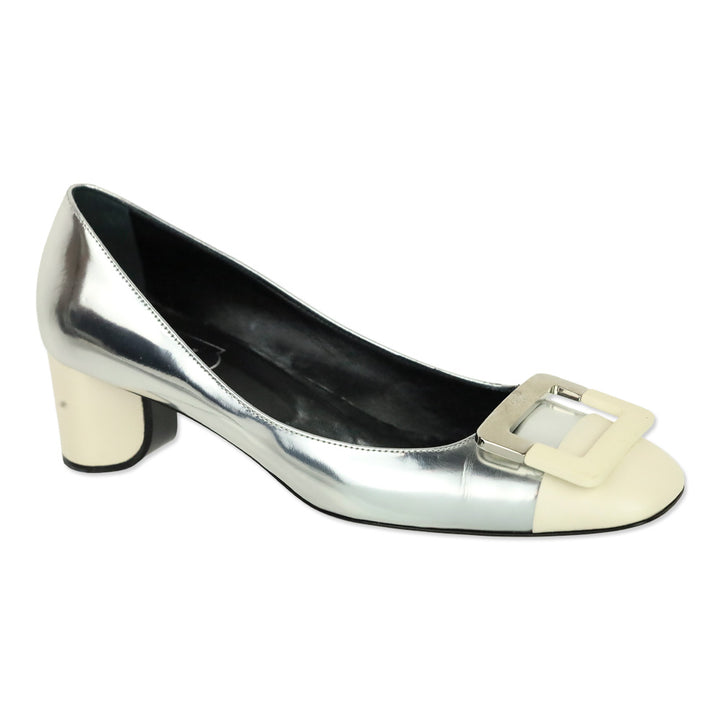 Roger Vivier Metallic Silver Leather White Cap Toe Gommettine Pumps