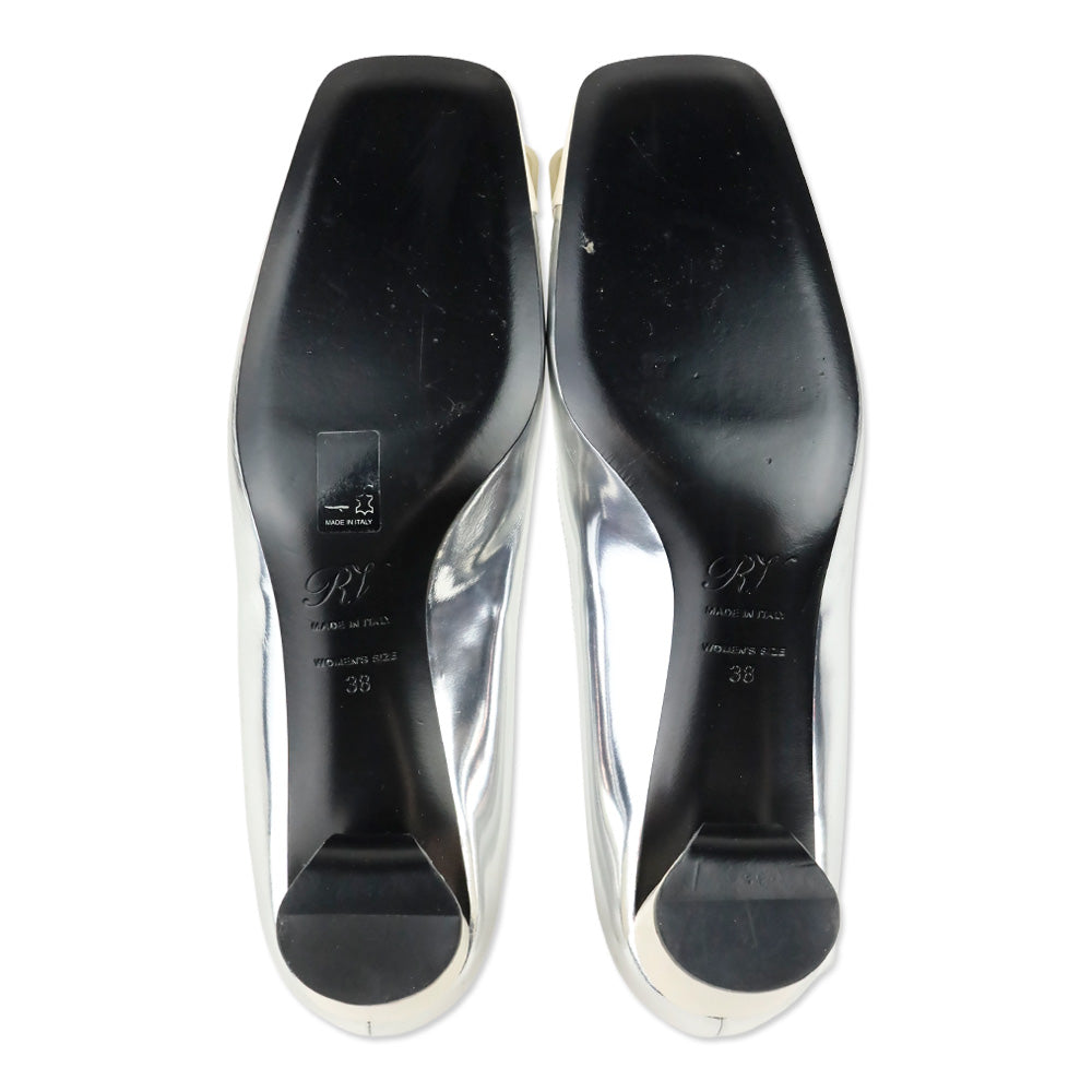 Roger Vivier Metallic Silver Leather White Cap Toe Gommettine Pumps